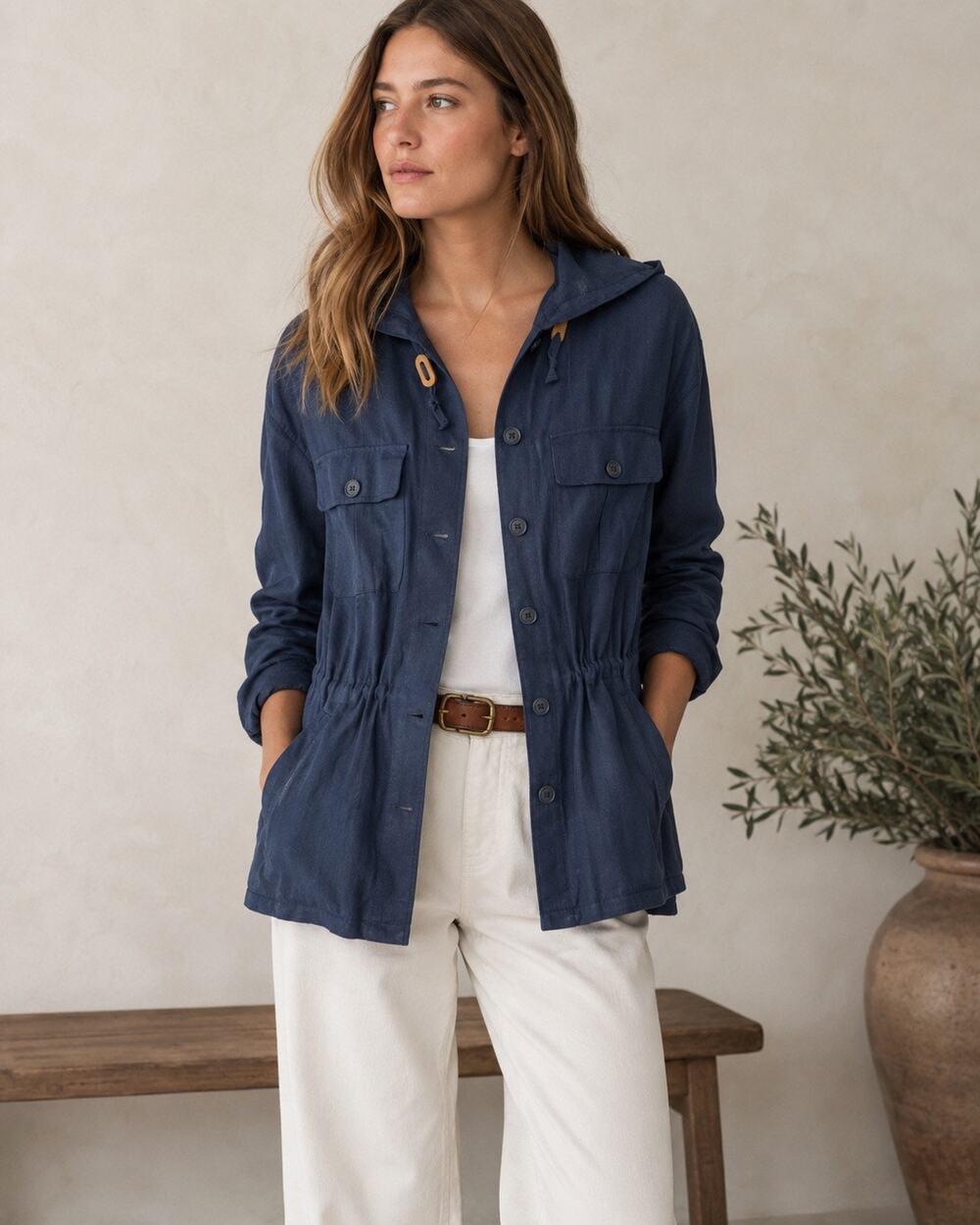 Vintage Lauren Ralph Lauren Linen Utility Jacket Navy Womens L Hooded Coastal